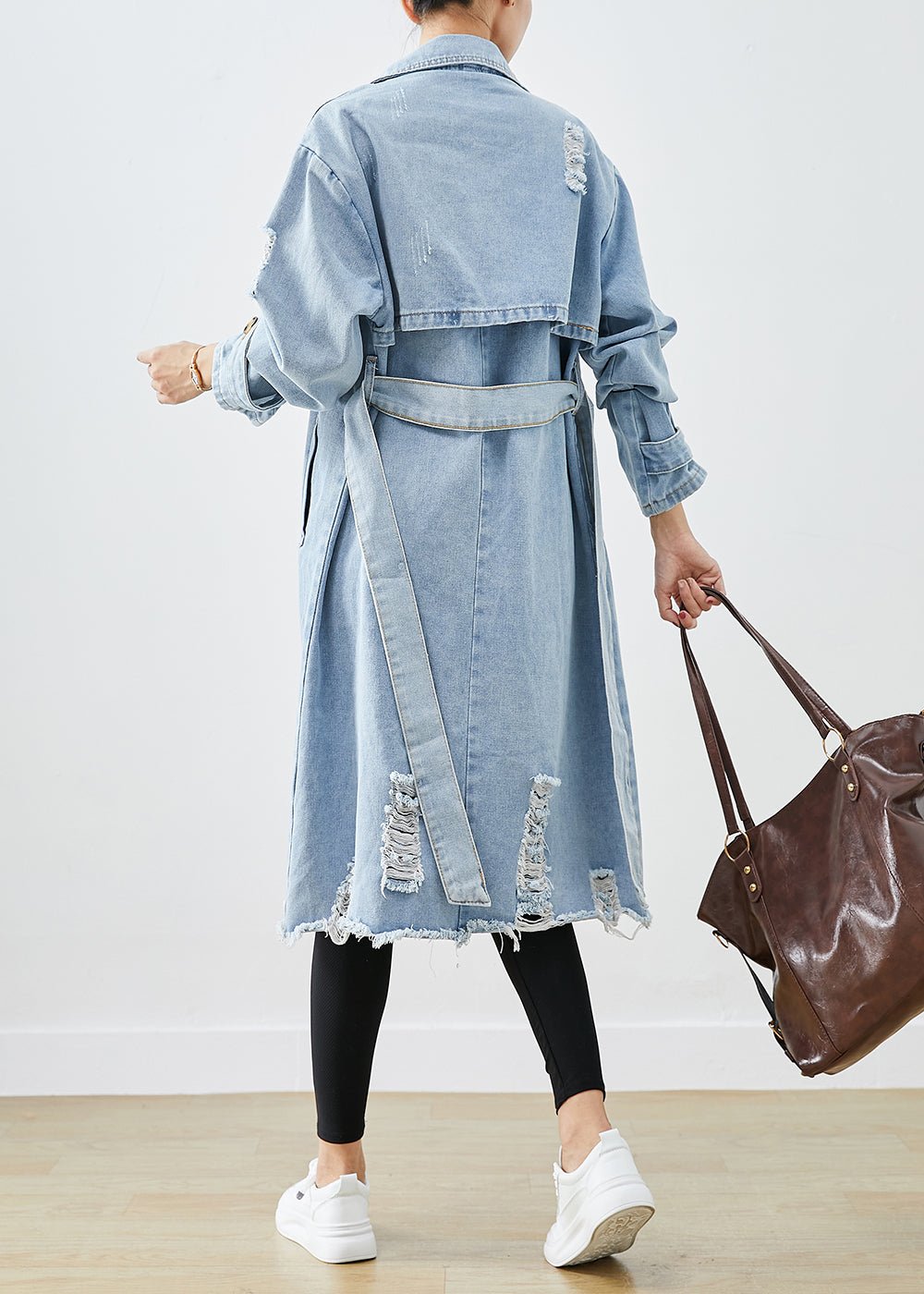 Full-size oversized ripped denim coat