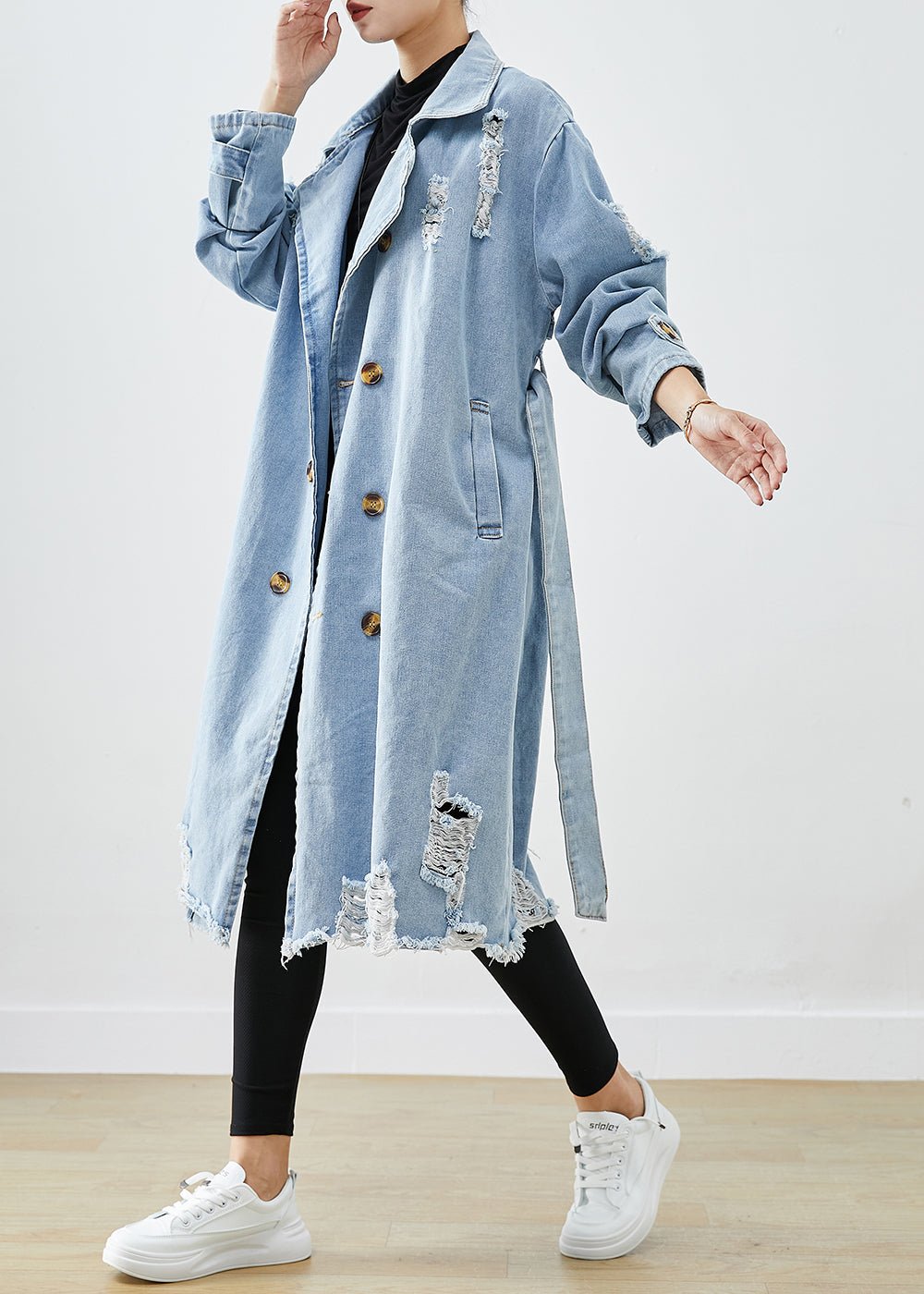 Full-size oversized ripped denim coat