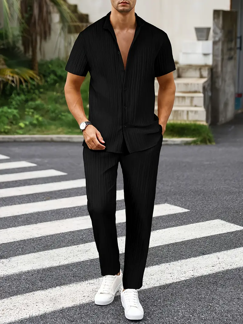 Men's Set | Modern & Stylish | Textured Wavy Stripes | Short Sleeves & Long Pants