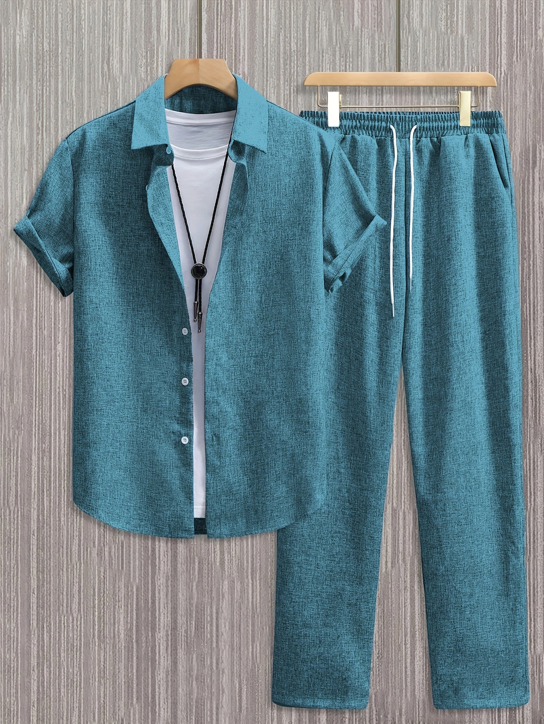 Men's Set | Solid Colour Shirt with Revers & Long Pants | Summer Casual Outfit