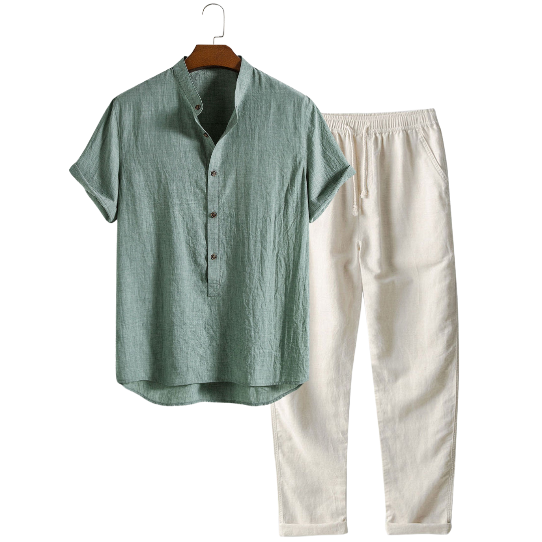 Men's Set | Short-sleeve Shirt & Trousers | Breathable & Casual | Linen Blend & Cotton