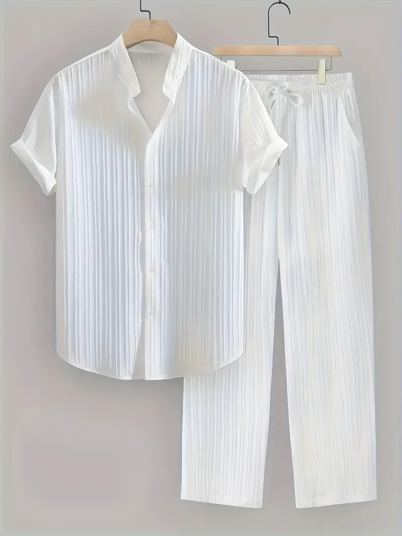 Men's Set | Modern & Stylish | Textured Wavy Stripes | Short Sleeves & Long Pants
