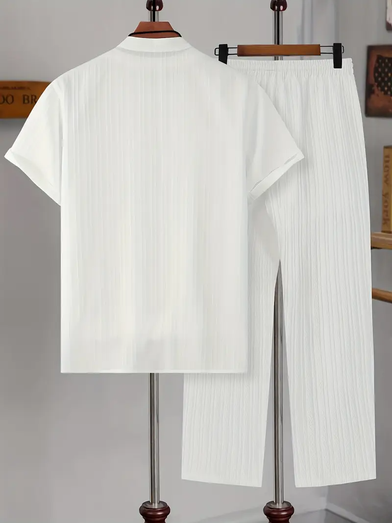 Men's Set | Modern & Stylish | Textured Wavy Stripes | Short Sleeves & Long Pants