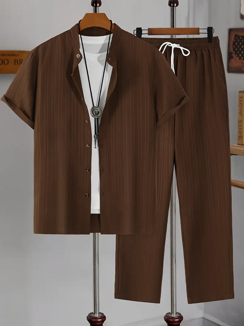 Men's Set | Modern & Stylish | Textured Wavy Stripes | Short Sleeves & Long Pants