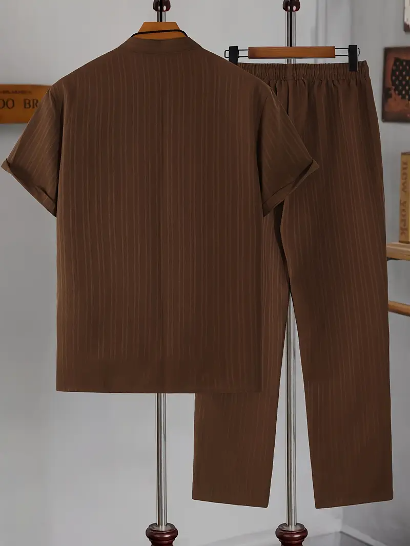 Men's Set | Modern & Stylish | Textured Wavy Stripes | Short Sleeves & Long Pants