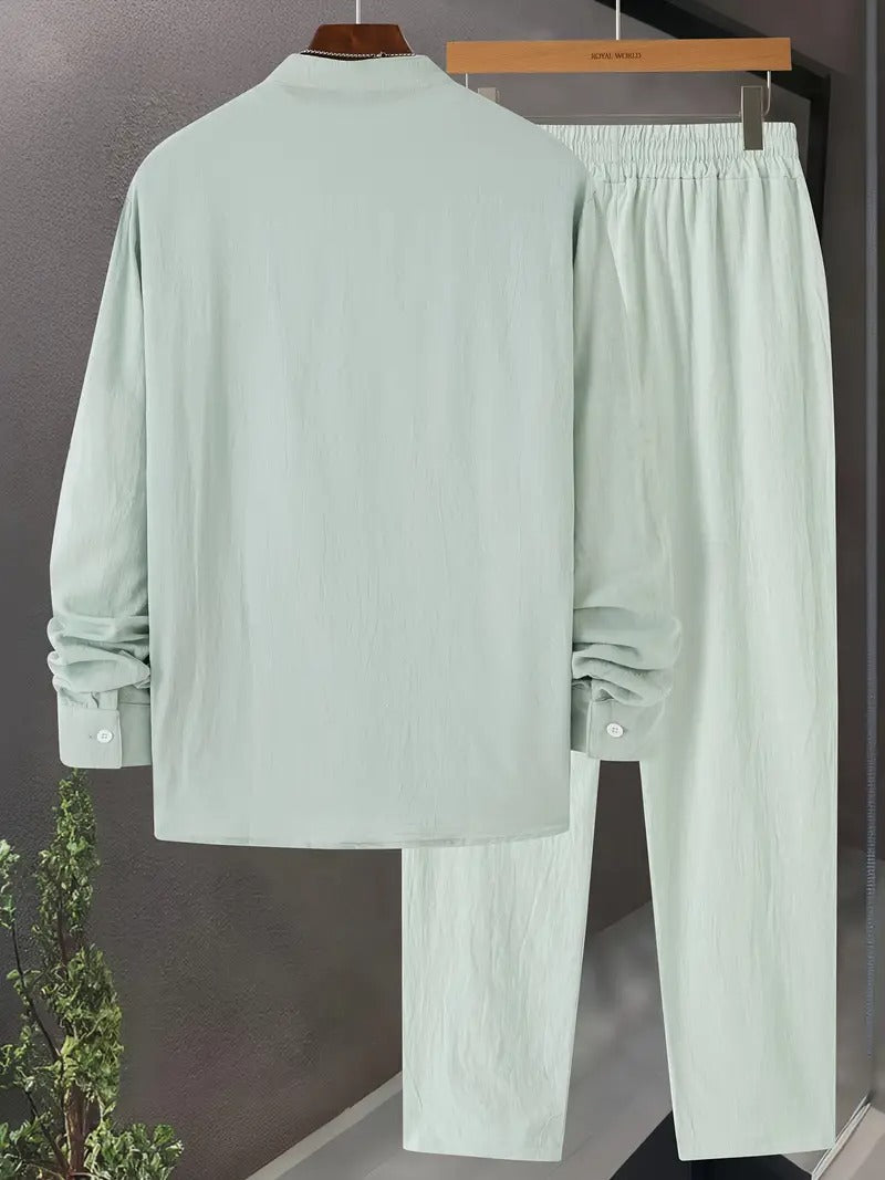 Men's Cotton-Linen Set | Long sleeves & Unique collar design | Breathable & Lightweight