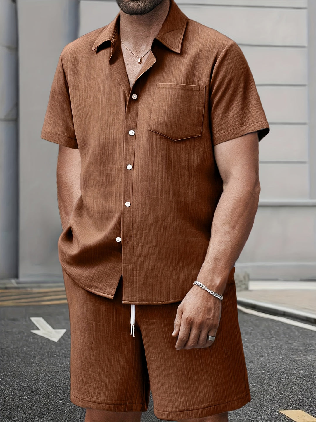 Men's Summer Set | Short-sleeve Shirt with Pocket & Drawstring Shorts | Casual & Comfortable