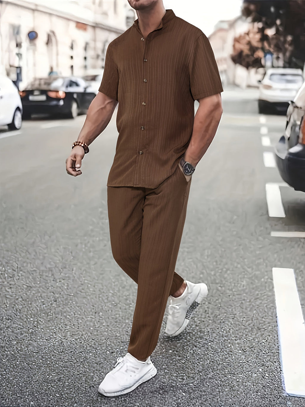Men's Two-piece Set | Textured Golf Stripe | Short Sleeve & Long Pants | Trendy & Casual