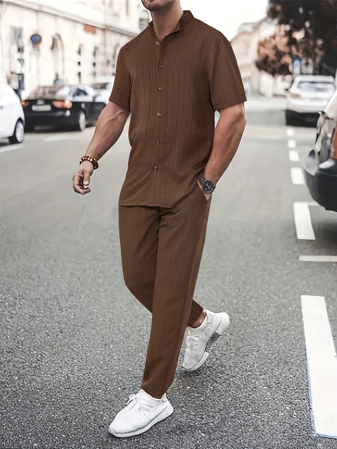 Men's Two-piece Set | Textured Golf Stripe | Short Sleeve & Long Pants | Trendy & Casual