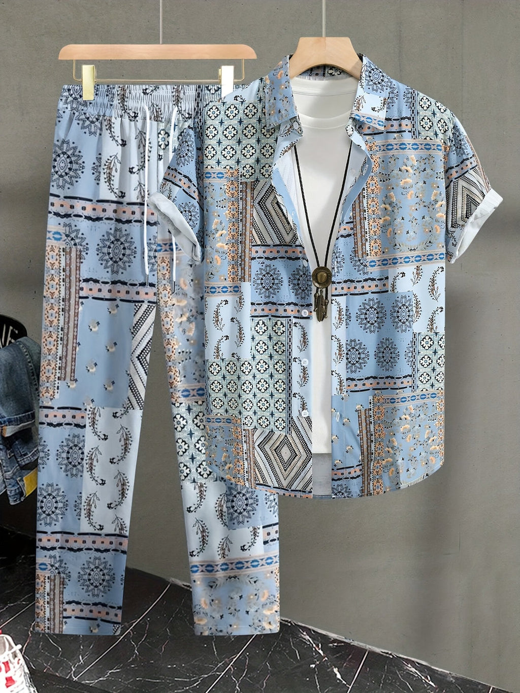 Men's Set | Geometric Pattern 2-Piece Set | Short-Sleeve Shirt & Pants for Summer
