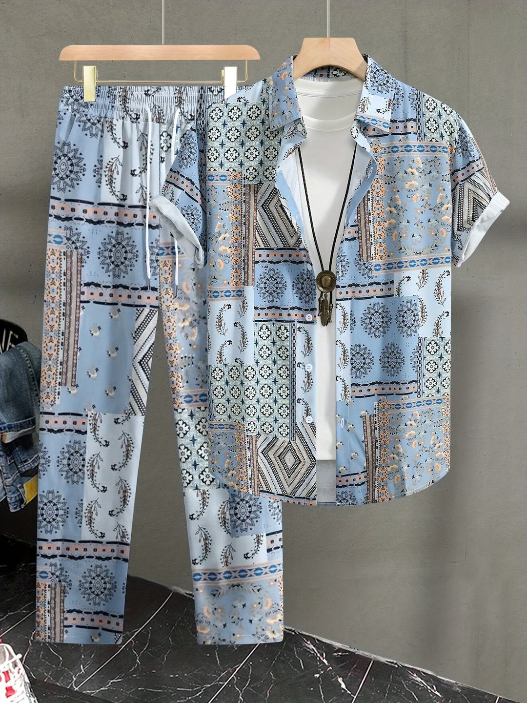 Men's Set | Geometric Pattern 2-Piece Set | Short-Sleeve Shirt & Pants for Summer