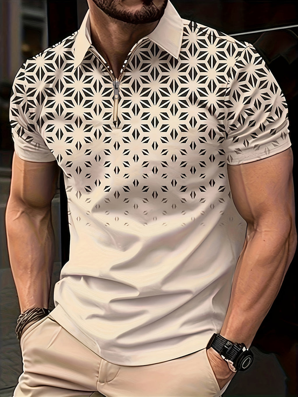 Men's Shirt | Geometric Pattern | Comfortable & Versatile | Zip Short Sleeve