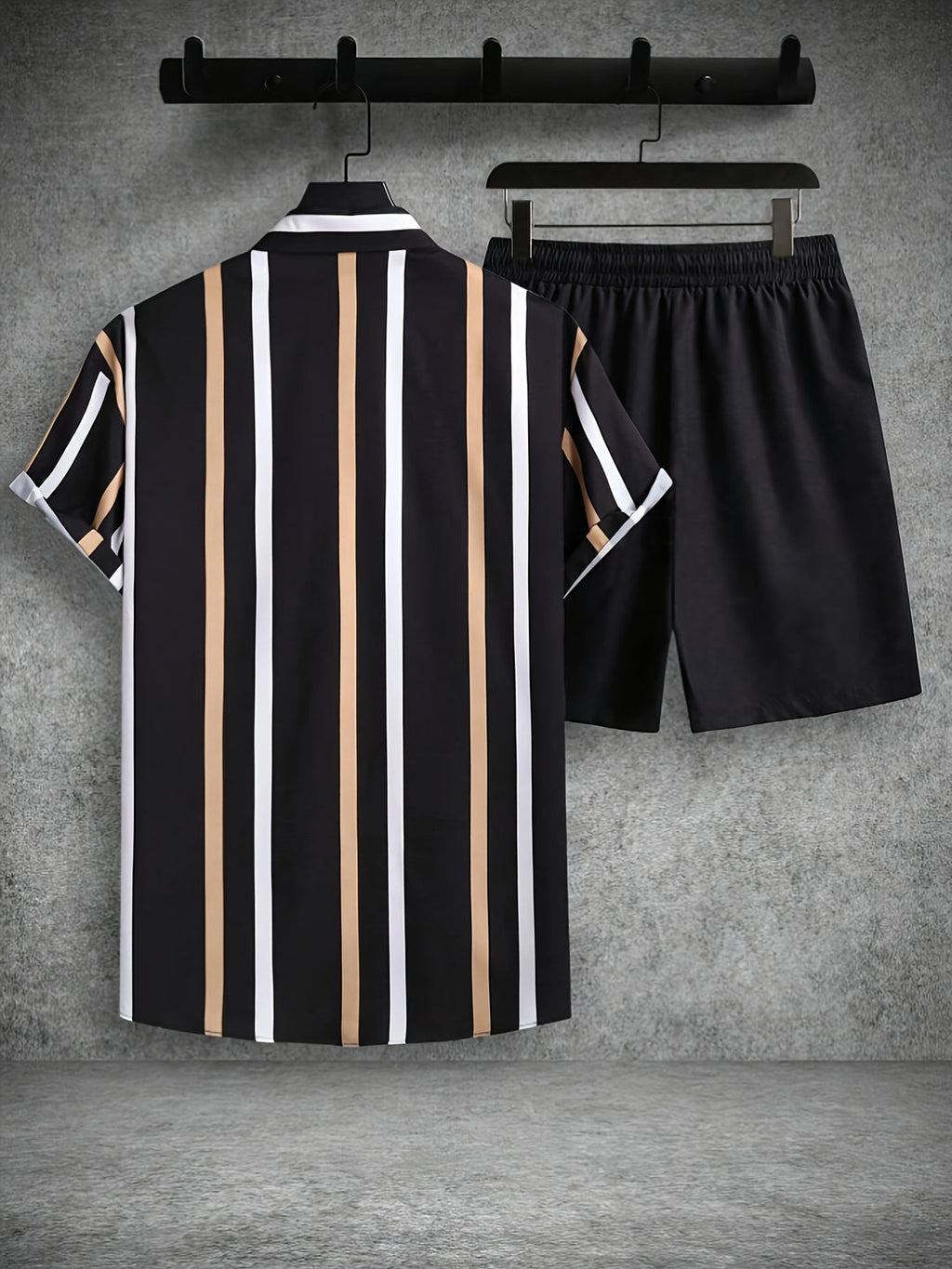 Men's Summer Set | Striped Print | Short-Sleeve Shirt & Short | 2-Piece Polyester