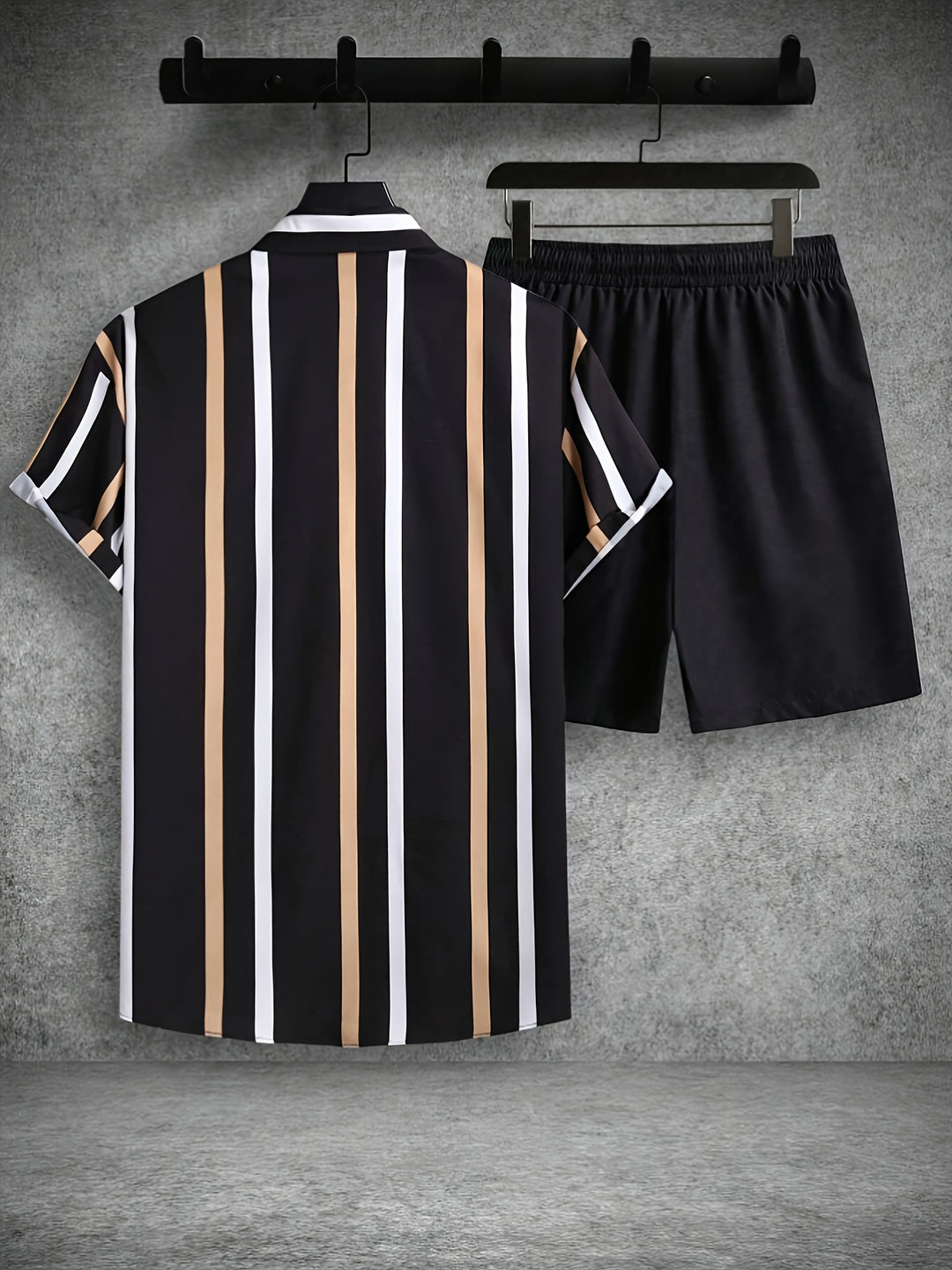 Men's Summer Set | Striped Print | Short-Sleeve Shirt & Short | 2-Piece Polyester