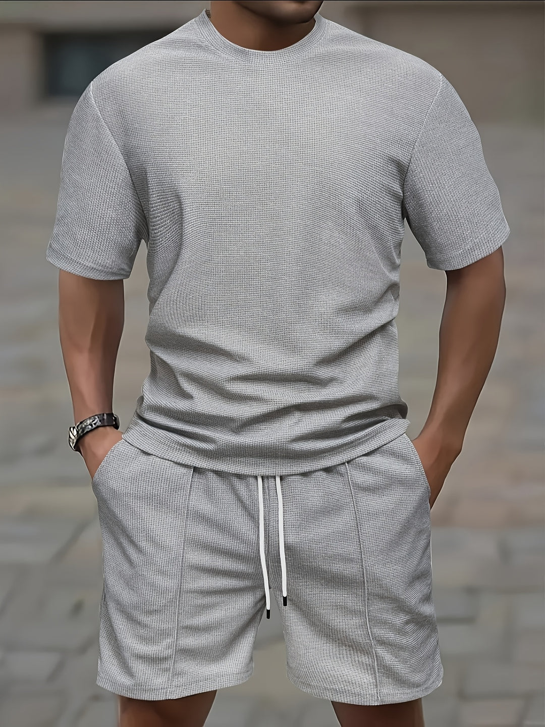 Men's Sports Set | Waffle Knit T-shirt & Drawstring Shorts | Comfortable & Trendy