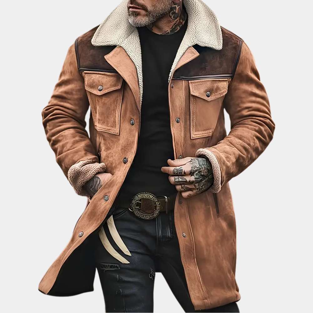 Classic men's wool long coat with patchwork pattern and inverted collar | Jochem