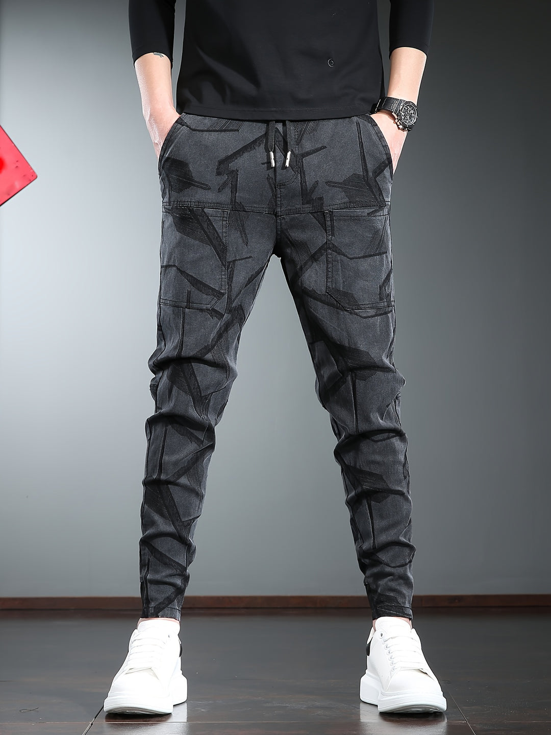 Cargo Trousers Men's | Slim Fit Outdoor Style | Multiple Pockets & Print | Woven Fabric
