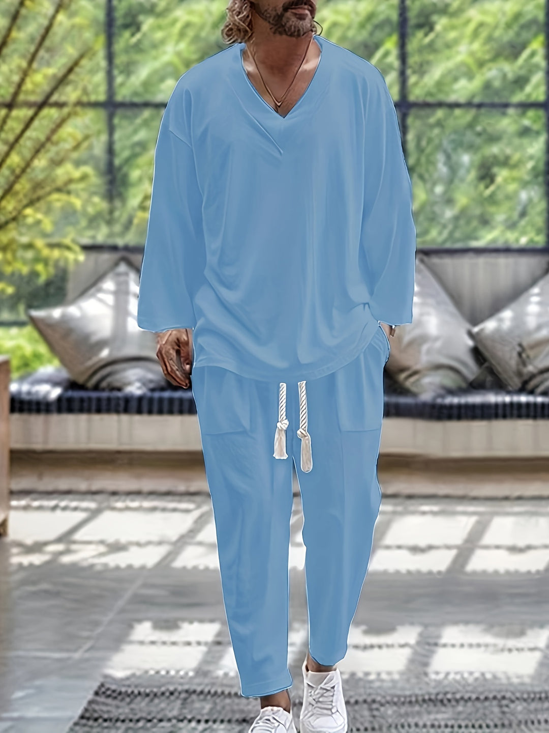 Men's Two-piece Set | V-Neck & Loose Fit | Breathable Cotton | Spring & Autumn