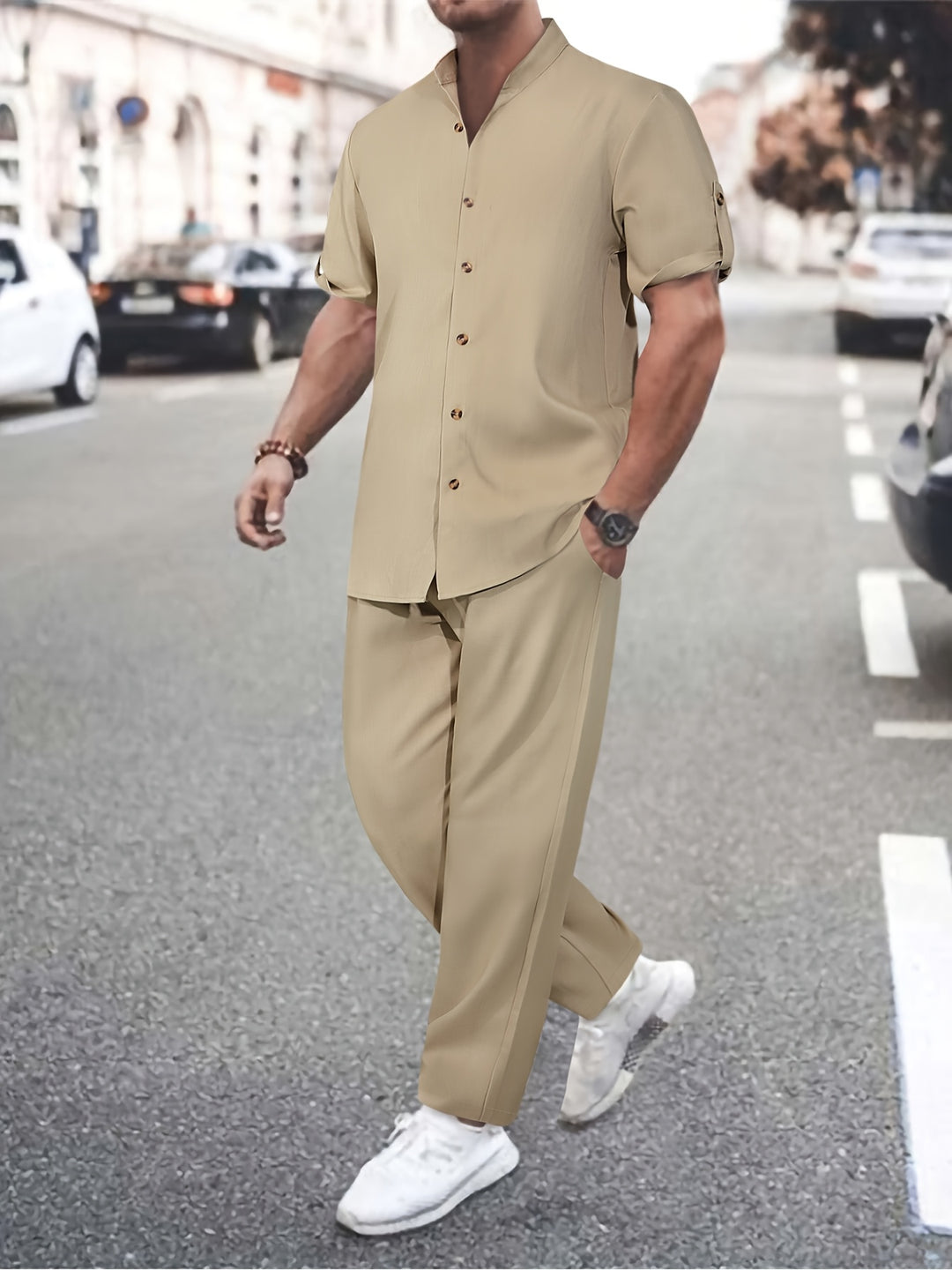 Men's Two-piece Set | Short-sleeve Shirt & Long Pants | Solid Colour & Comfortable