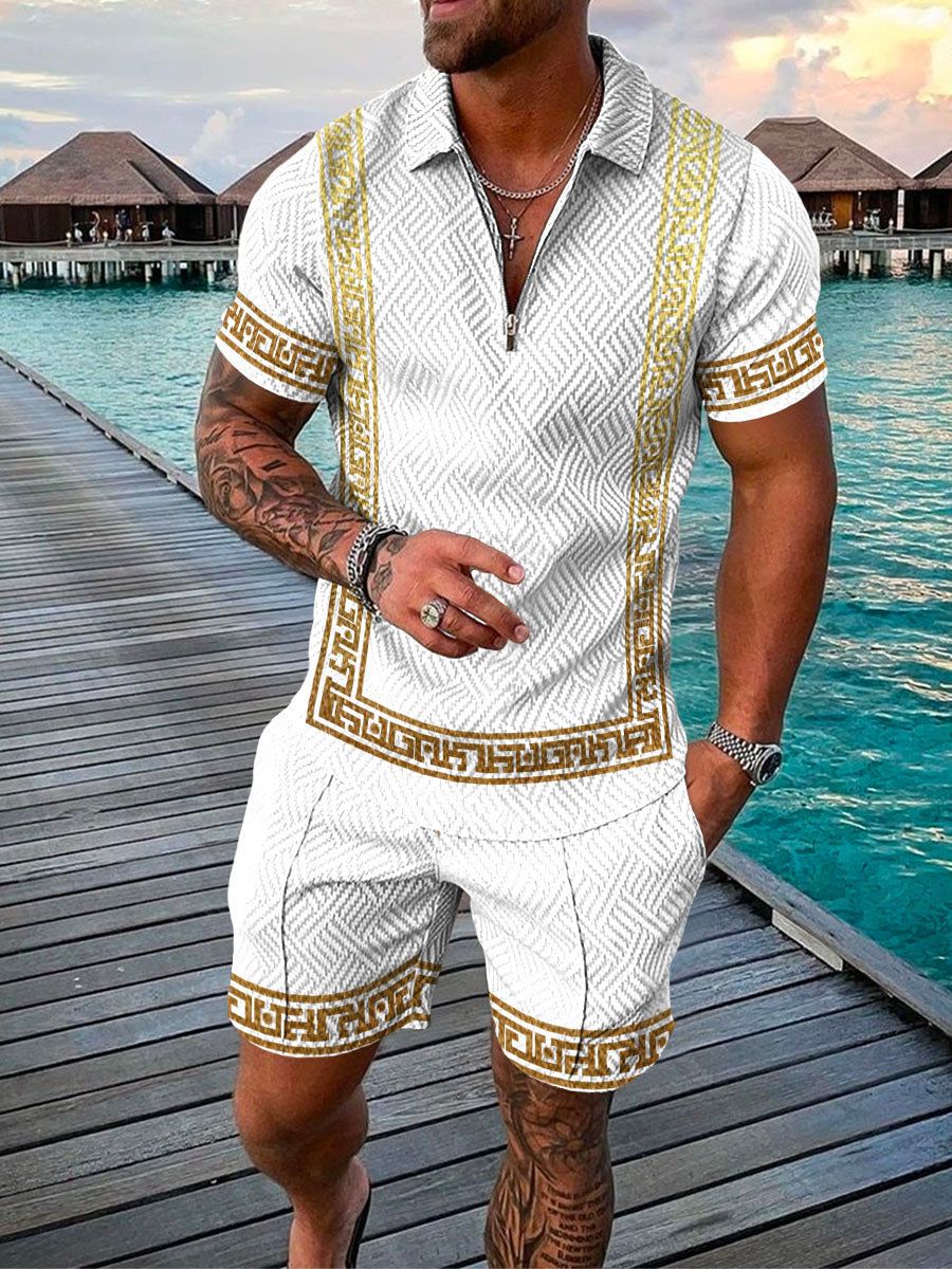 Men's Summer Set | Polo with Zipper & Shorts | Streetwear Style | Polyester