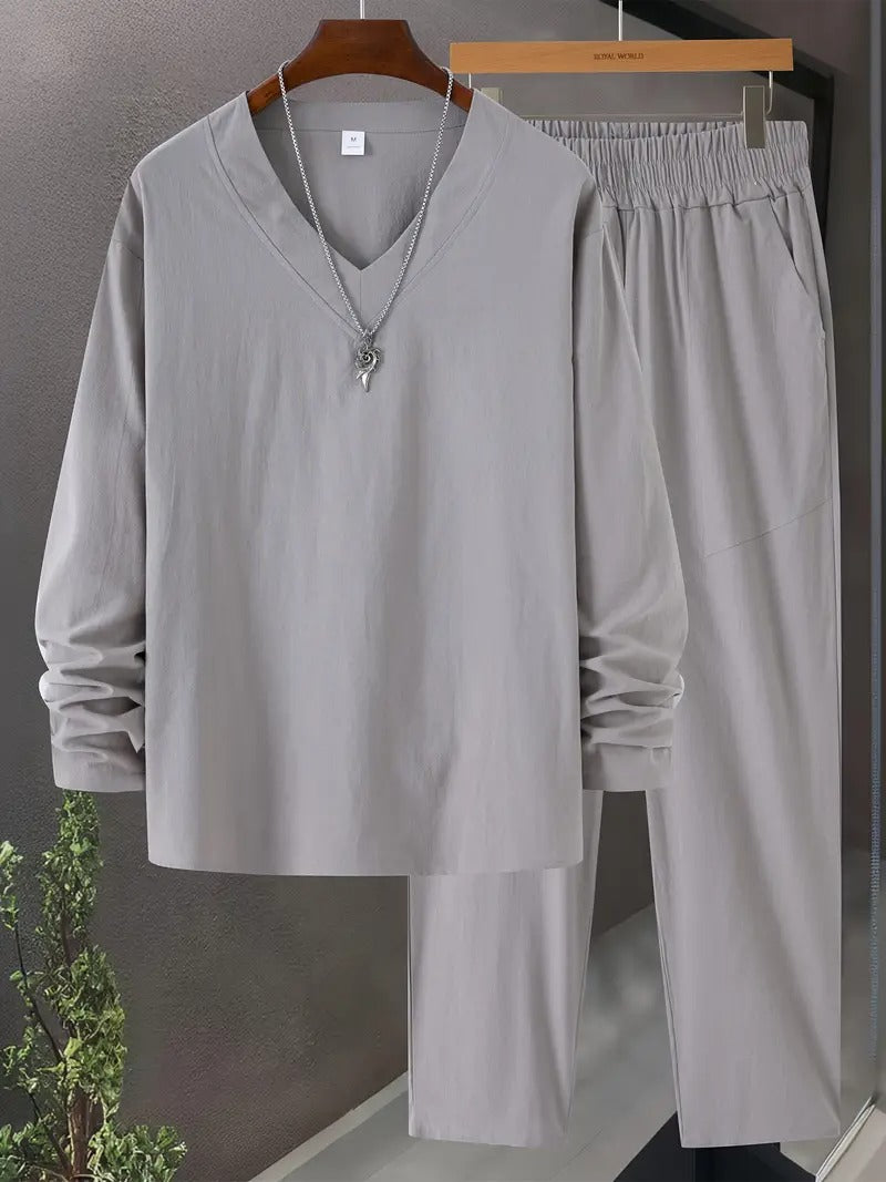 Men's Two-piece Set | V-Neck & Loose Fit | Breathable Cotton | Spring & Autumn