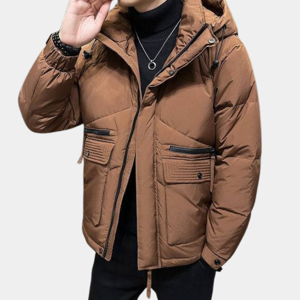 Insulated hooded puffer jacket for men offers warmth and luxurious style | Jamie
