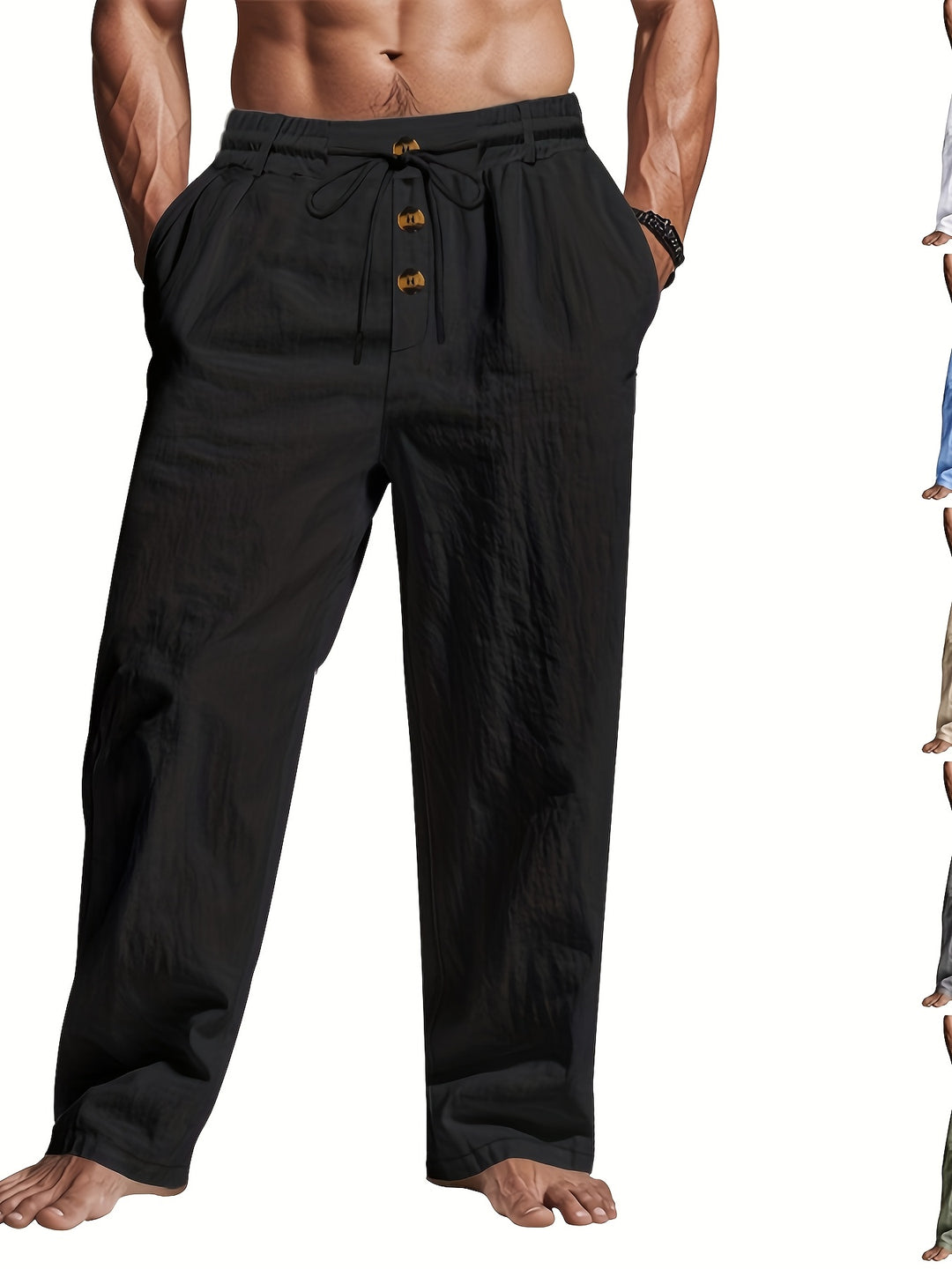 Men's Linen Trousers | Lightweight & Breathable | Drawstring & Multi-Button | Beach & Casual