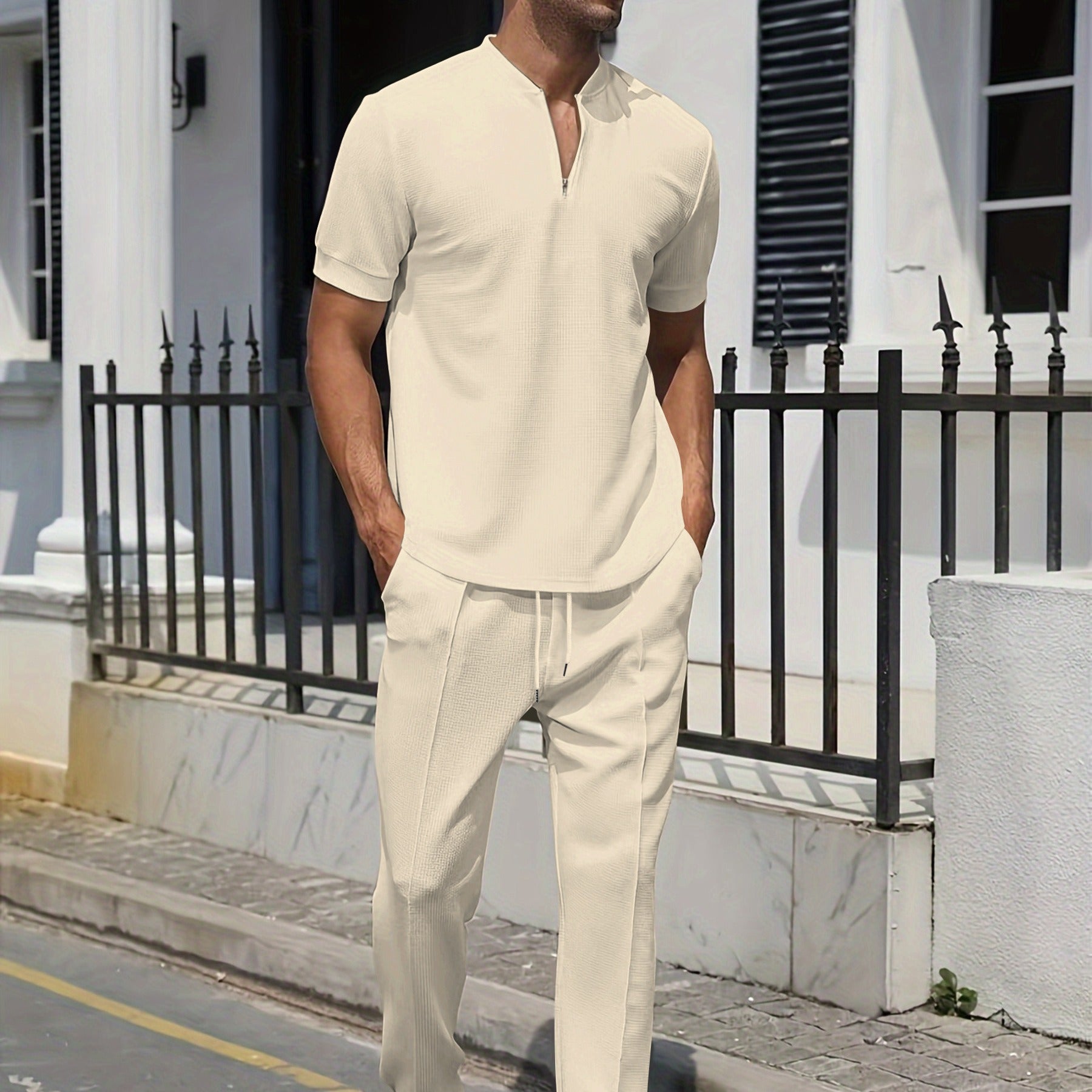 Men's Set | Casual Two-Piece Set | Grey V-neck T-shirt & Pants with Pocket