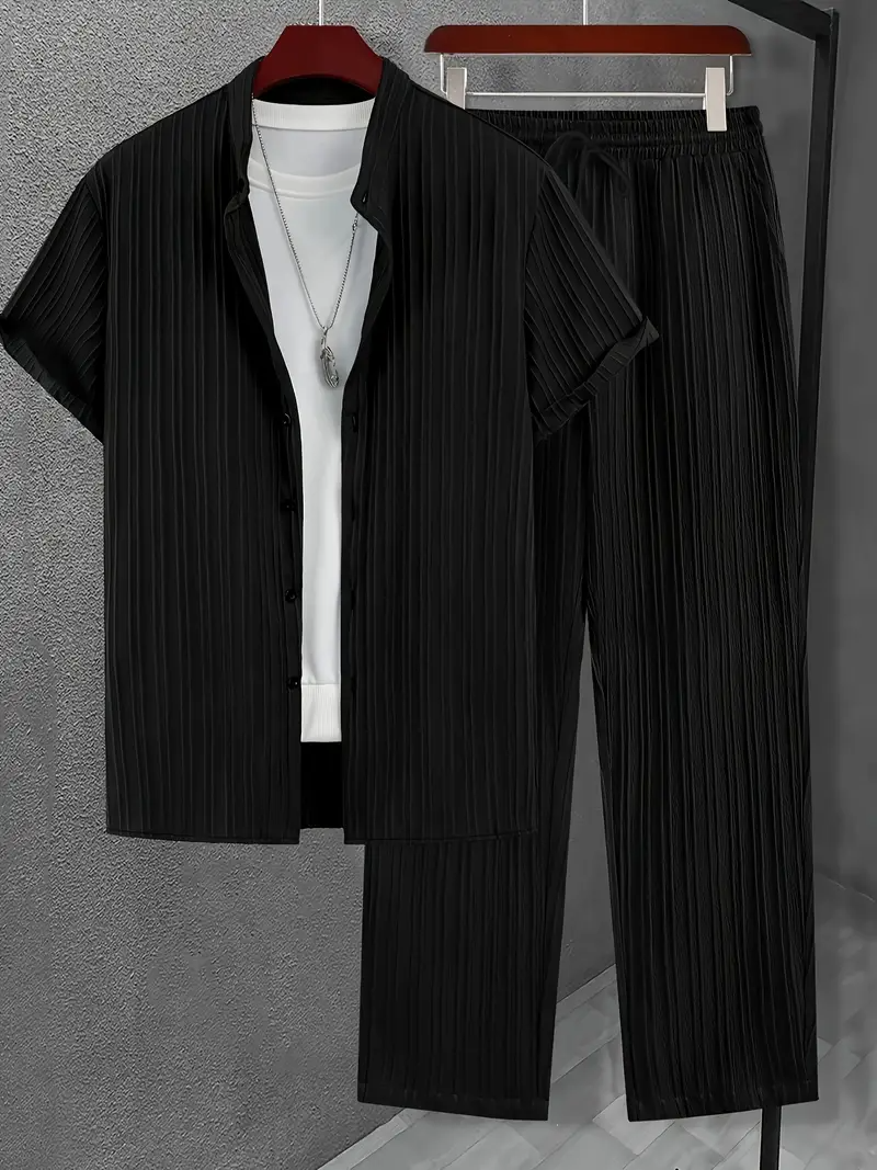 Men's Set | Modern & Stylish | Textured Wavy Stripes | Short Sleeves & Long Pants