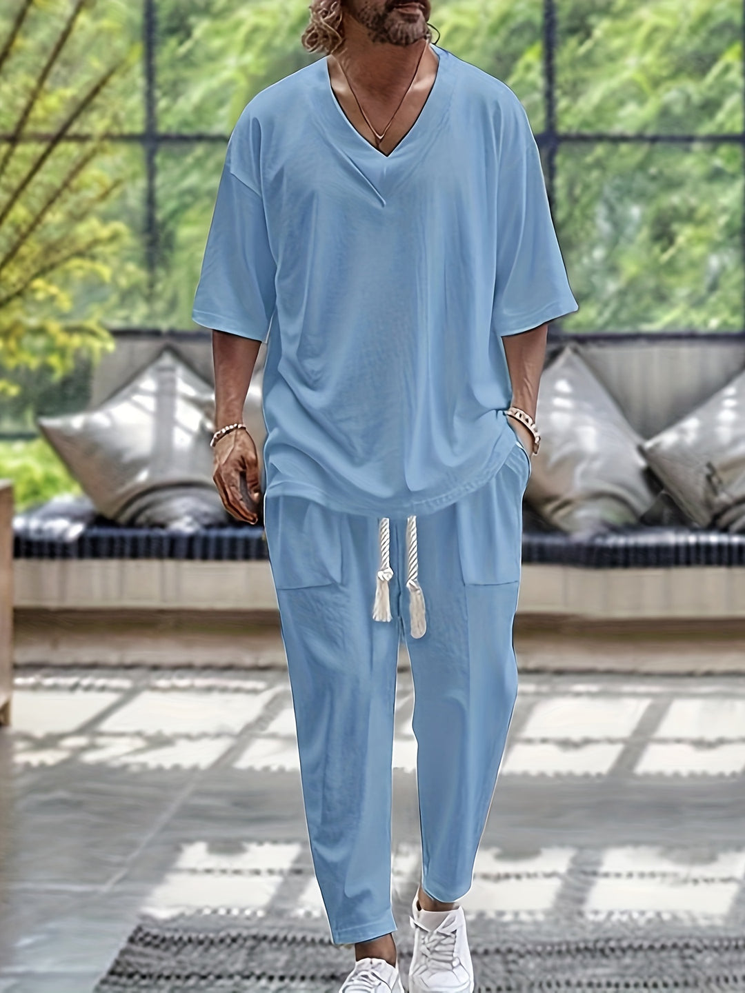 Men's Summer Set | Breathable & Stylish | Cotton V-Neck Top & Pants | 2-Piece