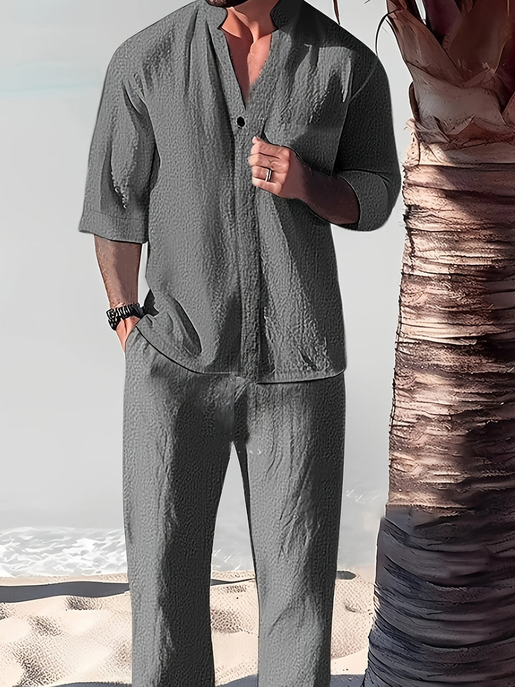 Men's Set | Stand-up Collar & Matching Trousers | Relaxed Fit | Summer Casual