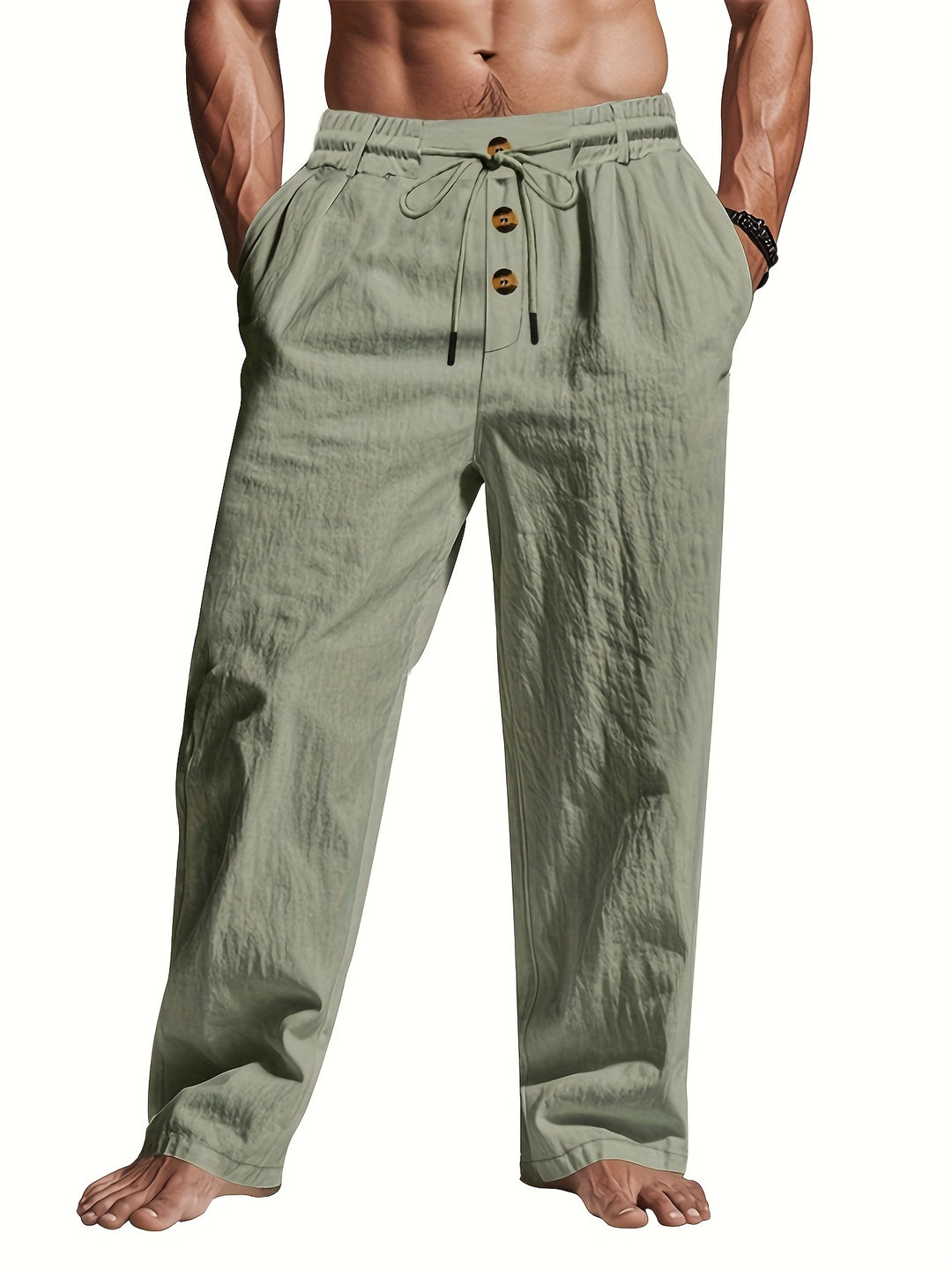 Men's Linen Trousers | Lightweight & Breathable | Drawstring & Multi-Button | Beach & Casual