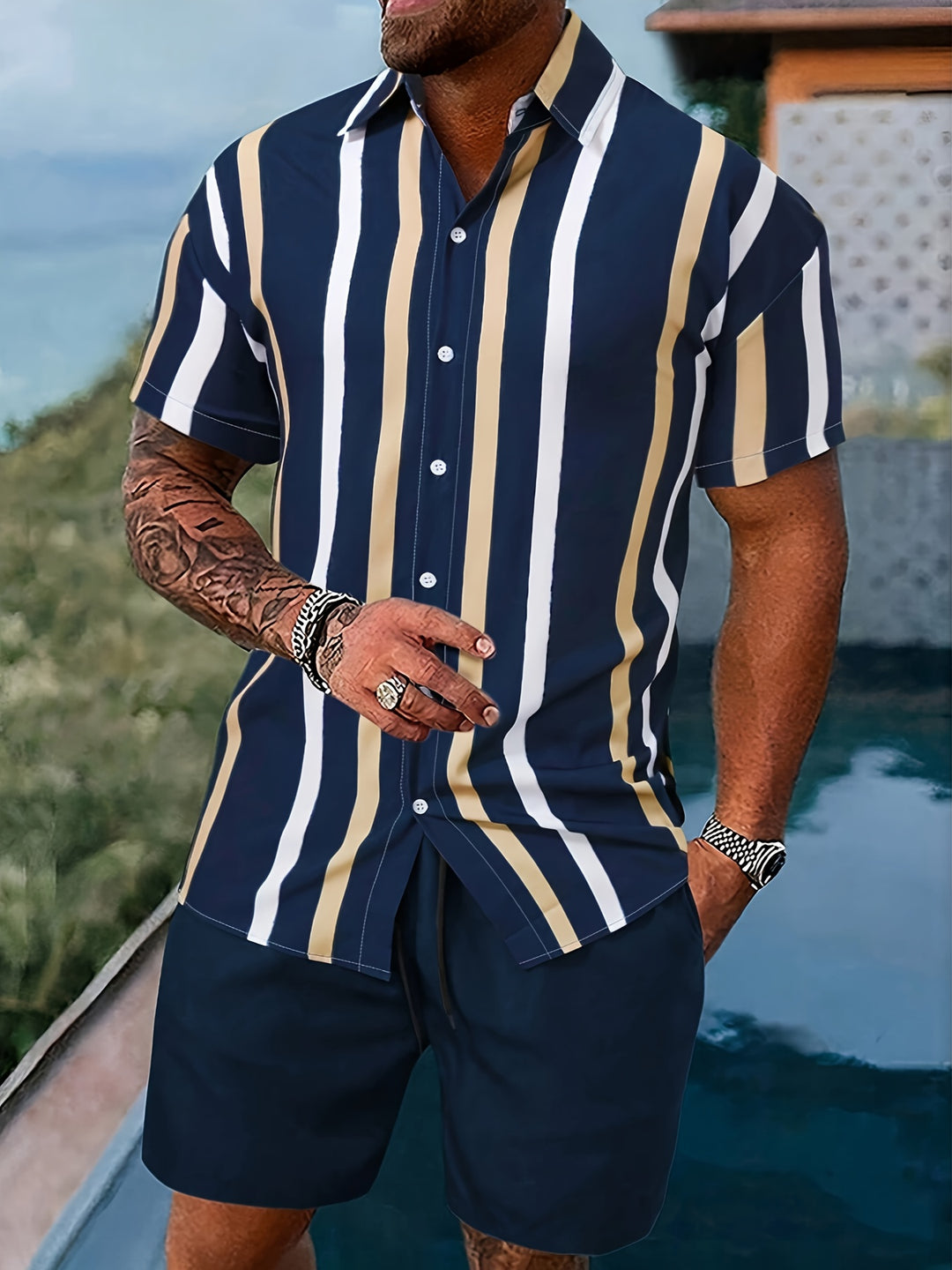 Men's Summer Set | Striped Print | Short-Sleeve Shirt & Short | 2-Piece Polyester