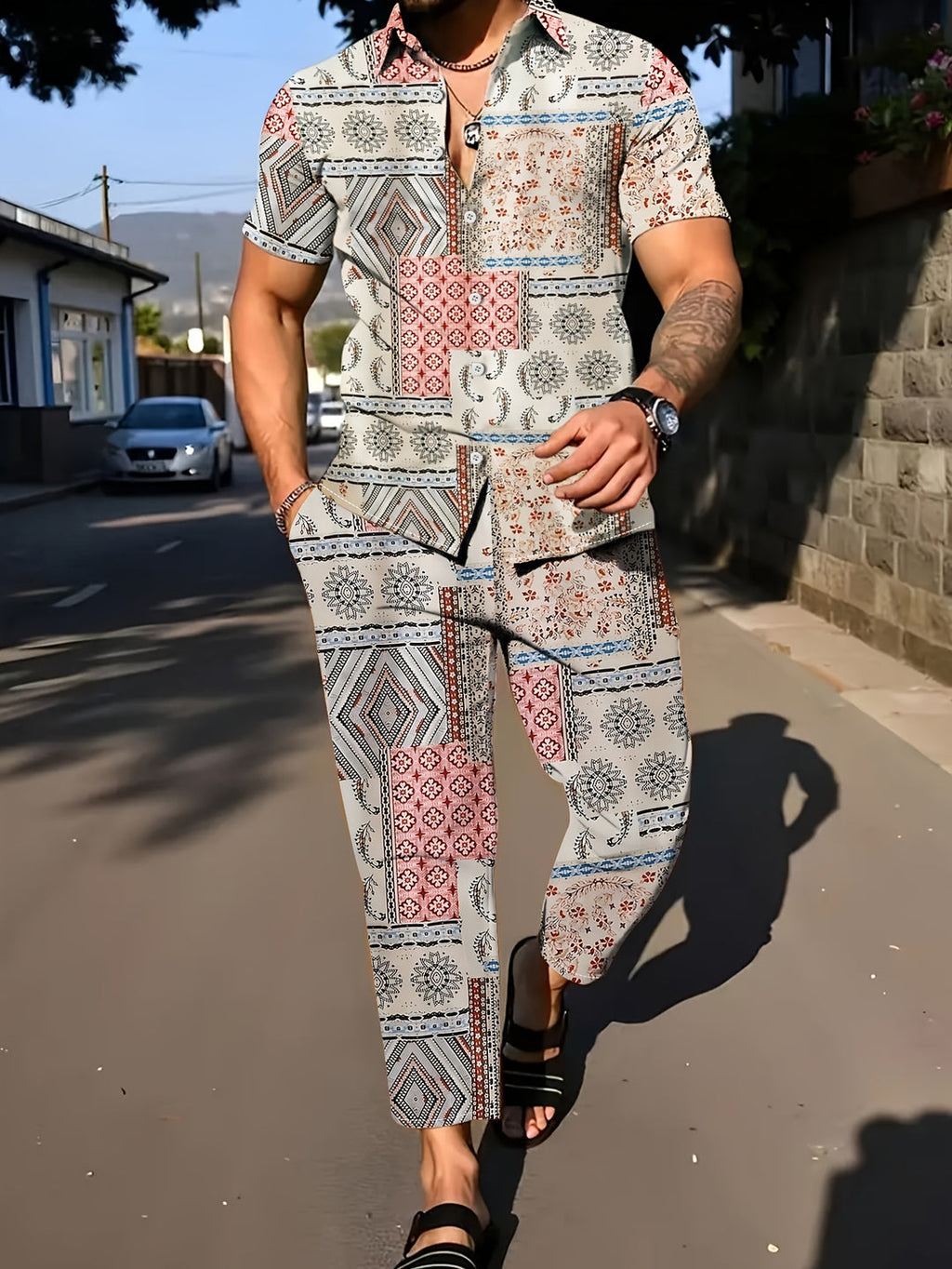 Men's Set | Geometric Pattern 2-Piece Set | Short-Sleeve Shirt & Pants for Summer