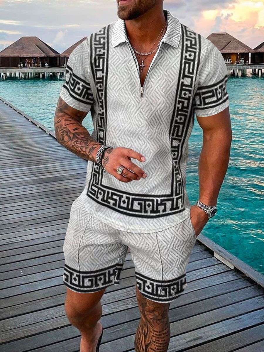Men's Summer Set | Polo with Zipper & Shorts | Streetwear Style | Polyester