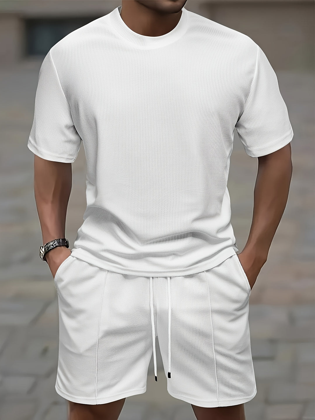 Men's Sports Set | Waffle Knit T-shirt & Drawstring Shorts | Comfortable & Trendy