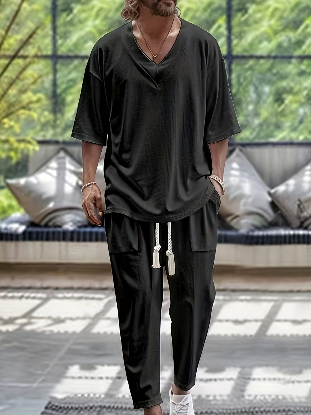 Men's Summer Set | Breathable & Stylish | Cotton V-Neck Top & Pants | 2-Piece