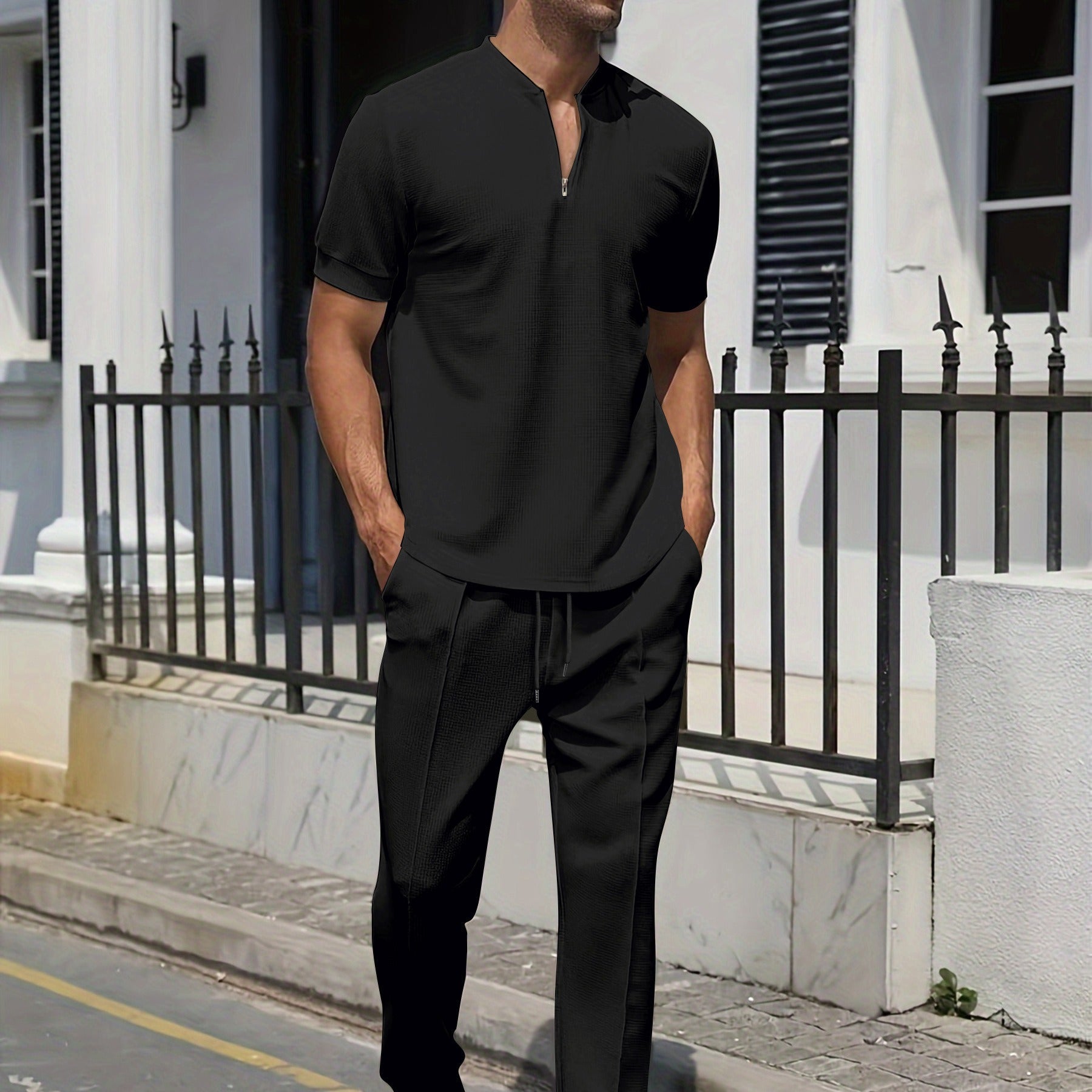 Men's Set | Casual Two-Piece Set | Grey V-neck T-shirt & Pants with Pocket