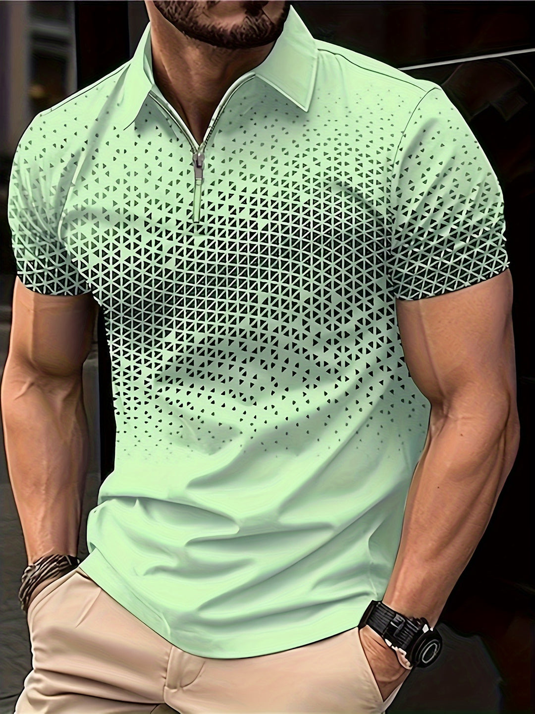 Men's Shirt | Geometric Pattern | Comfortable & Versatile | Zip Short Sleeve