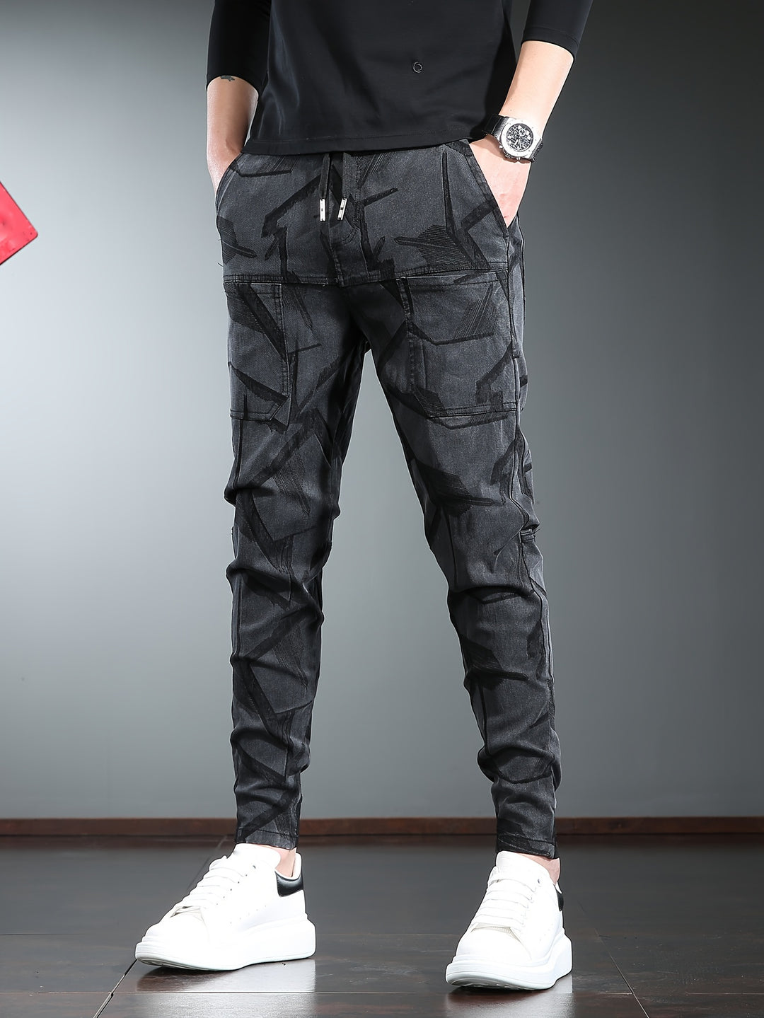 Cargo Trousers Men's | Slim Fit Outdoor Style | Multiple Pockets & Print | Woven Fabric