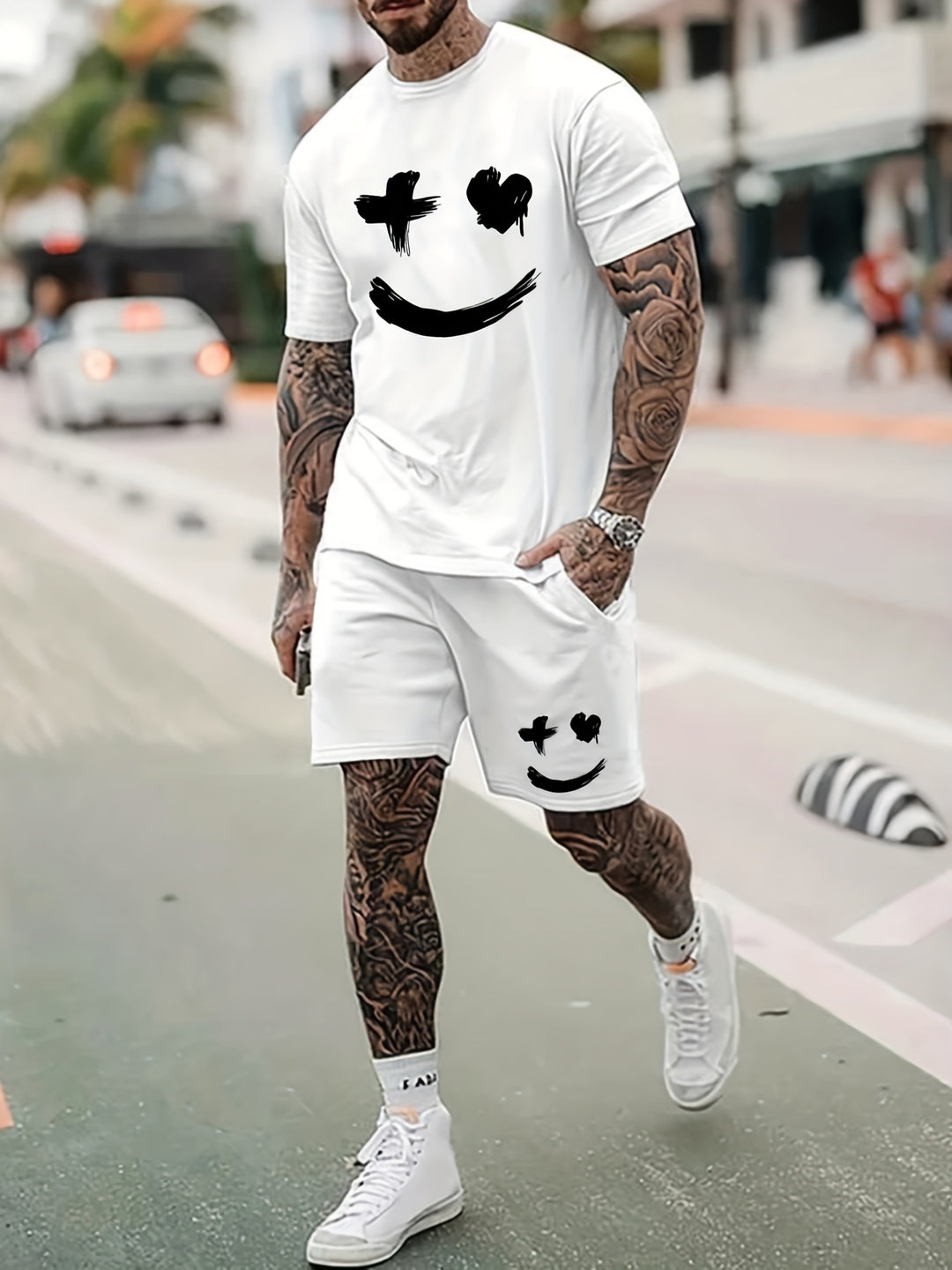 Men's Summer Set | Big Smile Print | T-shirt & Drawstring Shorts | Casual & Trendy