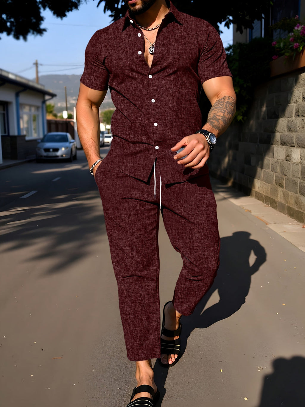 Men's Set | Solid Colour Shirt with Revers & Long Pants | Summer Casual Outfit