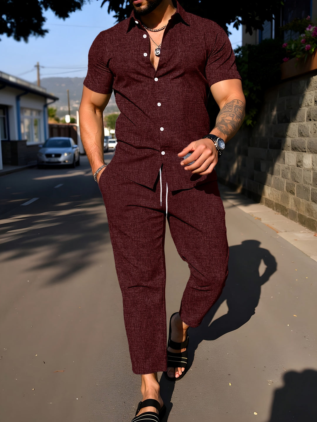 Men's Set | Solid Colour Shirt with Revers & Long Pants | Summer Casual Outfit