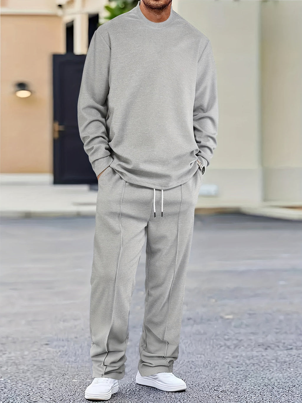 Men's Two-piece Set | Waffle Pattern Sweatshirt & Pants | Casual & Comfortable