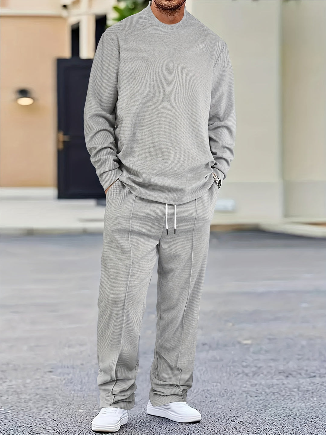 Men's Two-piece Set | Waffle Pattern Sweatshirt & Pants | Casual & Comfortable