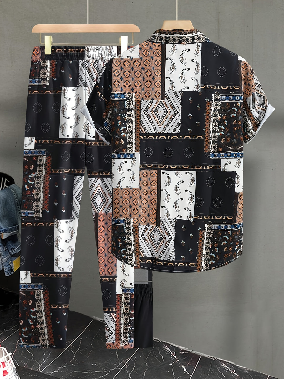 Men's Set | Geometric Pattern 2-Piece Set | Short-Sleeve Shirt & Pants for Summer