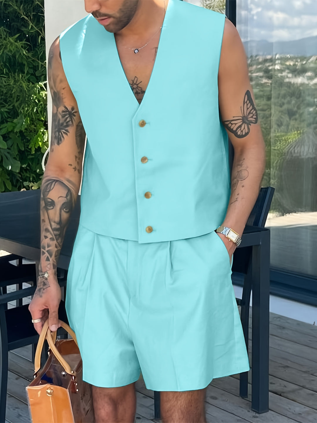 Men's Set | Sleeveless V-Neck Vest & Zip Shorts | Single-Row Design & Knotted Waist | Summer Style