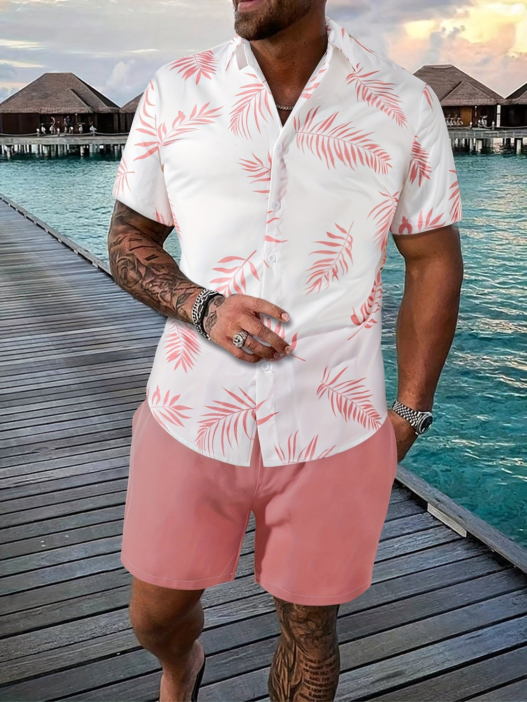 Men's Summer Set | Shirt with Leaf Print & Short | Unique Design | Two-piece