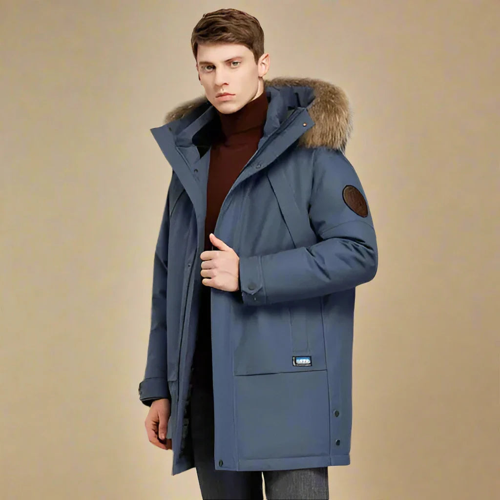 Elegant and Casual Long Waterproof Winter Coat for Men with Fur Collar | Nathan