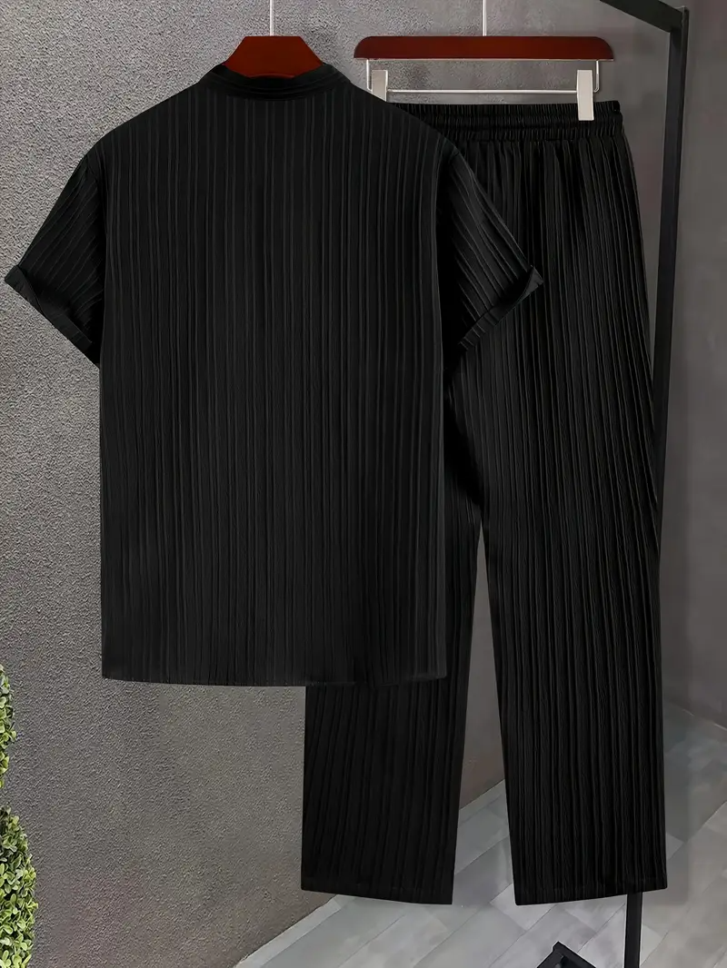 Men's Set | Modern & Stylish | Textured Wavy Stripes | Short Sleeves & Long Pants
